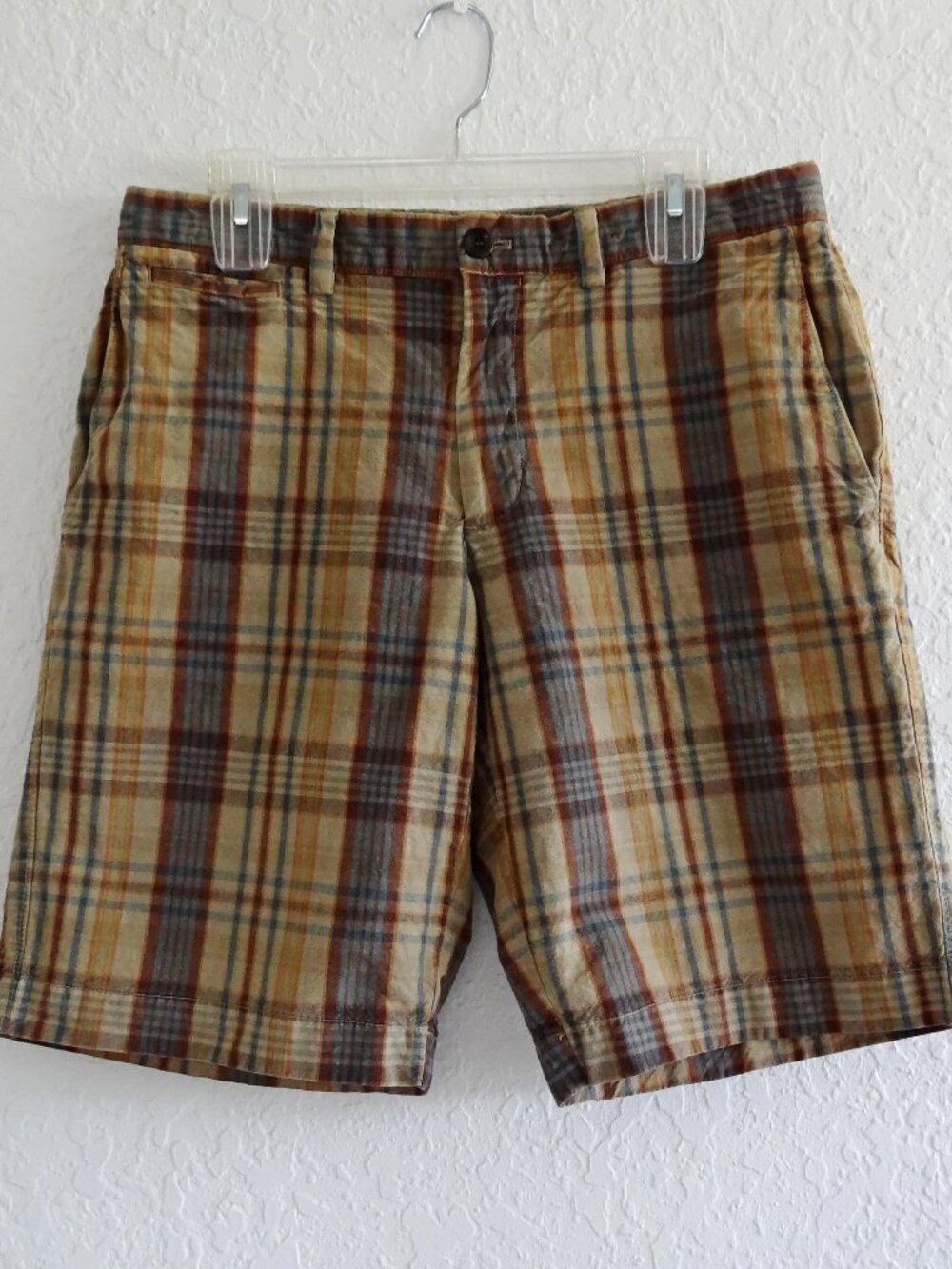 Banana Republic Men's Size 31 Linen Cotton Flat Front Plaid Shorts Brown Blue